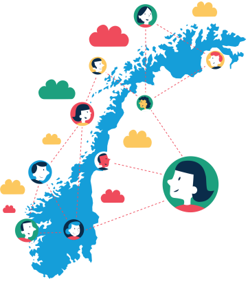 Figuren viser norgeskart med mennesker